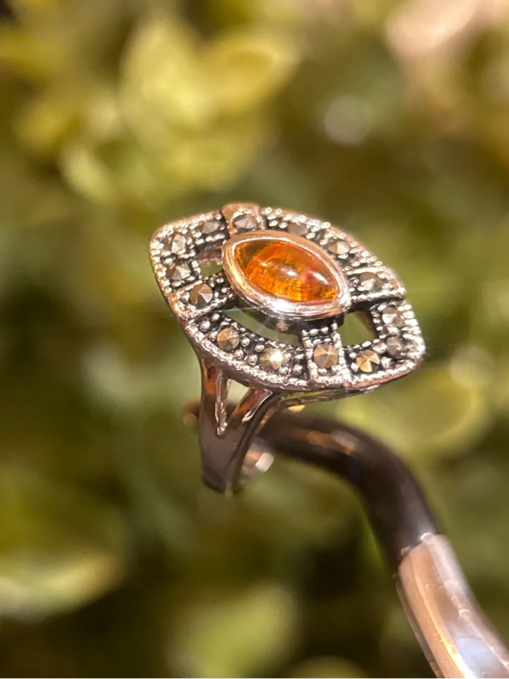 Silver Colored Amber Marquise Ring - Orange‎ Gemstone